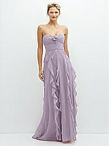 Front View Thumbnail - Lilac Haze Strapless Vertical Ruffle Chiffon Maxi Dress with Flower Detail