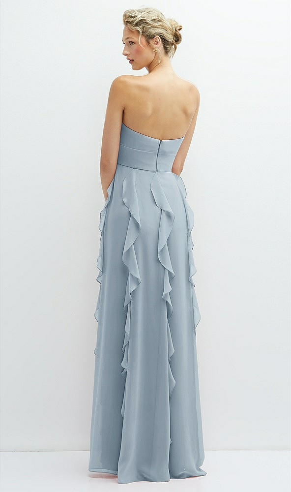 Back View - Mist Strapless Vertical Ruffle Chiffon Maxi Dress with Flower Detail