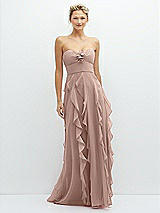 Front View Thumbnail - Neu Nude Strapless Vertical Ruffle Chiffon Maxi Dress with Flower Detail