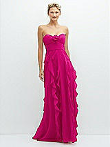 Front View Thumbnail - Think Pink Strapless Vertical Ruffle Chiffon Maxi Dress with Flower Detail