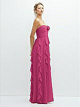 Side View Thumbnail - Tea Rose Strapless Vertical Ruffle Chiffon Maxi Dress with Flower Detail