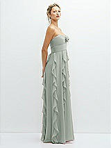 Side View Thumbnail - Willow Green Strapless Vertical Ruffle Chiffon Maxi Dress with Flower Detail