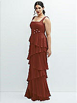 Side View Thumbnail - Auburn Moon Asymmetrical Tiered Ruffle Chiffon Maxi Dress with Handworked Flowers Detail