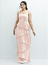 Front View Thumbnail - Blush Asymmetrical Tiered Ruffle Chiffon Maxi Dress with Handworked Flowers Detail