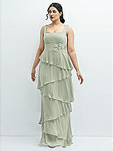 Front View Thumbnail - Celadon Asymmetrical Tiered Ruffle Chiffon Maxi Dress with Handworked Flowers Detail