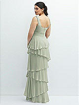 Rear View Thumbnail - Celadon Asymmetrical Tiered Ruffle Chiffon Maxi Dress with Handworked Flowers Detail