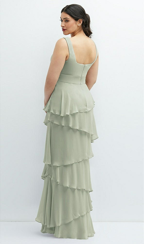 Back View - Celadon Asymmetrical Tiered Ruffle Chiffon Maxi Dress with Handworked Flowers Detail