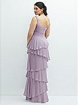 Rear View Thumbnail - Lilac Haze Asymmetrical Tiered Ruffle Chiffon Maxi Dress with Handworked Flowers Detail