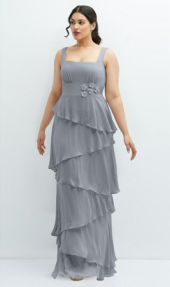 Front View - Platinum Asymmetrical Tiered Ruffle Chiffon Maxi Dress with Handworked Flowers Detail