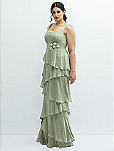 Side View Thumbnail - Sage Asymmetrical Tiered Ruffle Chiffon Maxi Dress with Handworked Flowers Detail