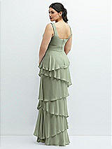 Rear View Thumbnail - Sage Asymmetrical Tiered Ruffle Chiffon Maxi Dress with Handworked Flowers Detail