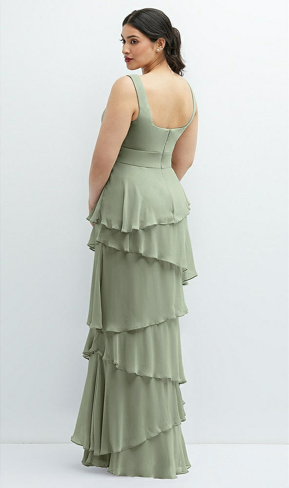 Back View - Sage Asymmetrical Tiered Ruffle Chiffon Maxi Dress with Handworked Flowers Detail