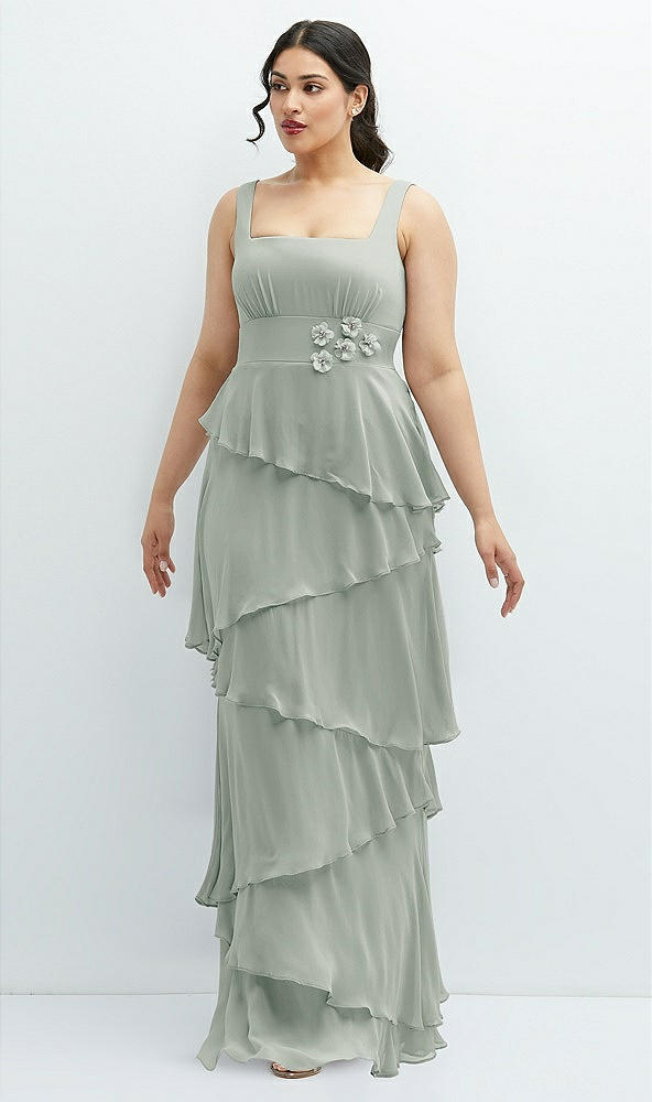 Front View - Willow Green Asymmetrical Tiered Ruffle Chiffon Maxi Dress with Handworked Flowers Detail