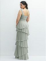 Rear View Thumbnail - Willow Green Asymmetrical Tiered Ruffle Chiffon Maxi Dress with Handworked Flowers Detail