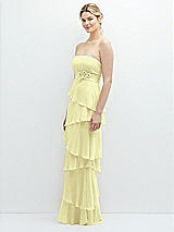 Side View Thumbnail - Butter Yellow Strapless Asymmetrical Tiered Ruffle Chiffon Maxi Dress with Handworked Flower Detail