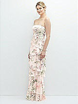 Side View Thumbnail - Blush Garden Strapless Asymmetrical Tiered Ruffle Chiffon Maxi Dress with Handworked Flower Detail