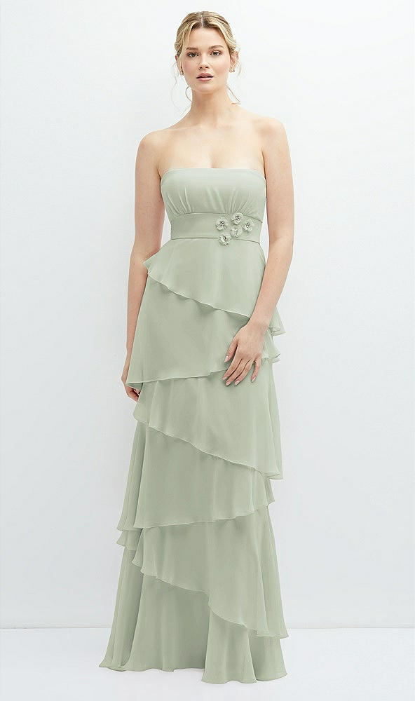 Front View - Celadon Strapless Asymmetrical Tiered Ruffle Chiffon Maxi Dress with Handworked Flower Detail