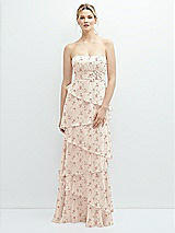 Front View Thumbnail - Coquette Floral Print Strapless Asymmetrical Tiered Ruffle Chiffon Maxi Dress with Handworked Flower Detail