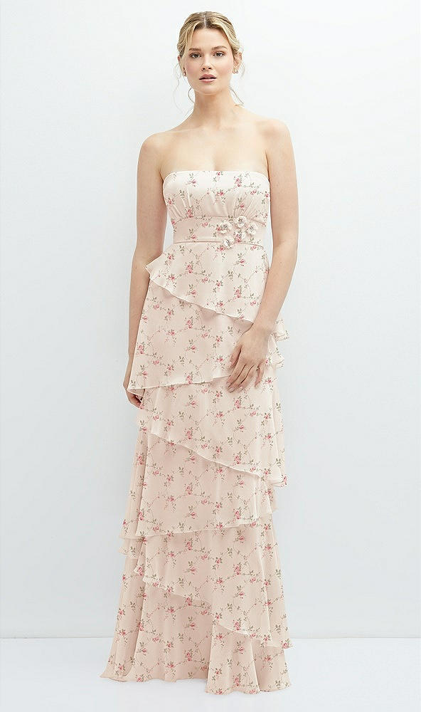 Front View - Coquette Floral Print Strapless Asymmetrical Tiered Ruffle Chiffon Maxi Dress with Handworked Flower Detail