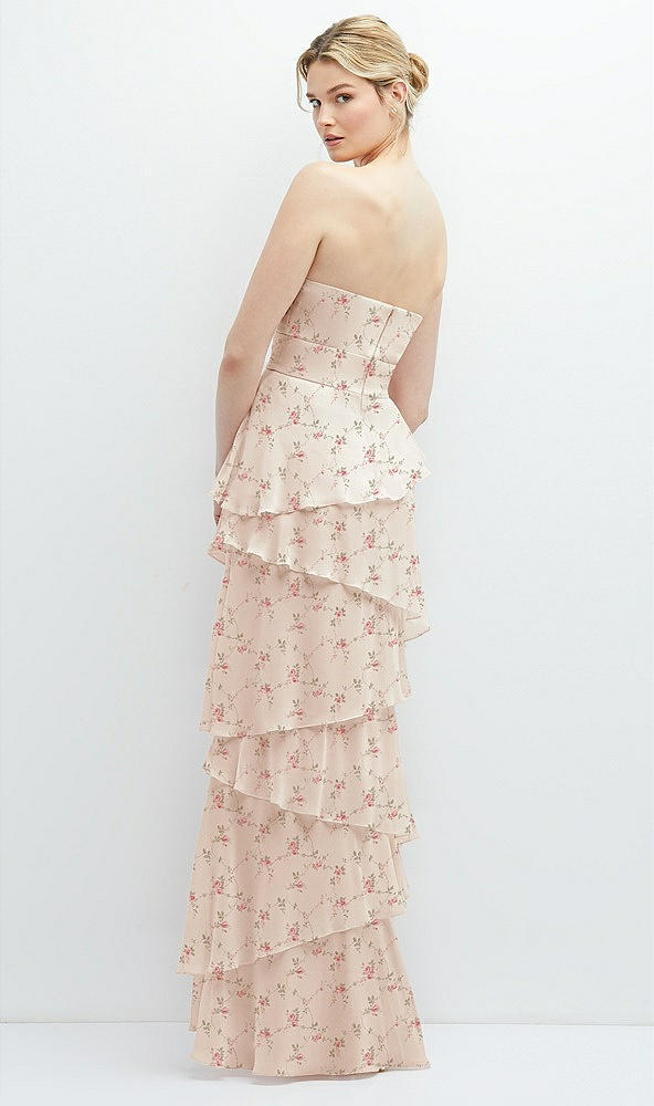 Back View - Coquette Floral Print Strapless Asymmetrical Tiered Ruffle Chiffon Maxi Dress with Handworked Flower Detail