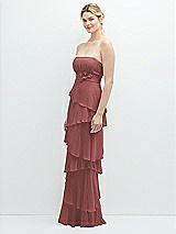 Side View Thumbnail - English Rose Strapless Asymmetrical Tiered Ruffle Chiffon Maxi Dress with Handworked Flower Detail