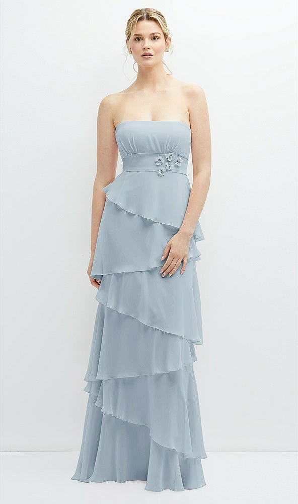 Front View - Mist Strapless Asymmetrical Tiered Ruffle Chiffon Maxi Dress with Handworked Flower Detail