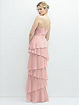 Rear View Thumbnail - Rose - PANTONE Rose Quartz Strapless Asymmetrical Tiered Ruffle Chiffon Maxi Dress with Handworked Flower Detail