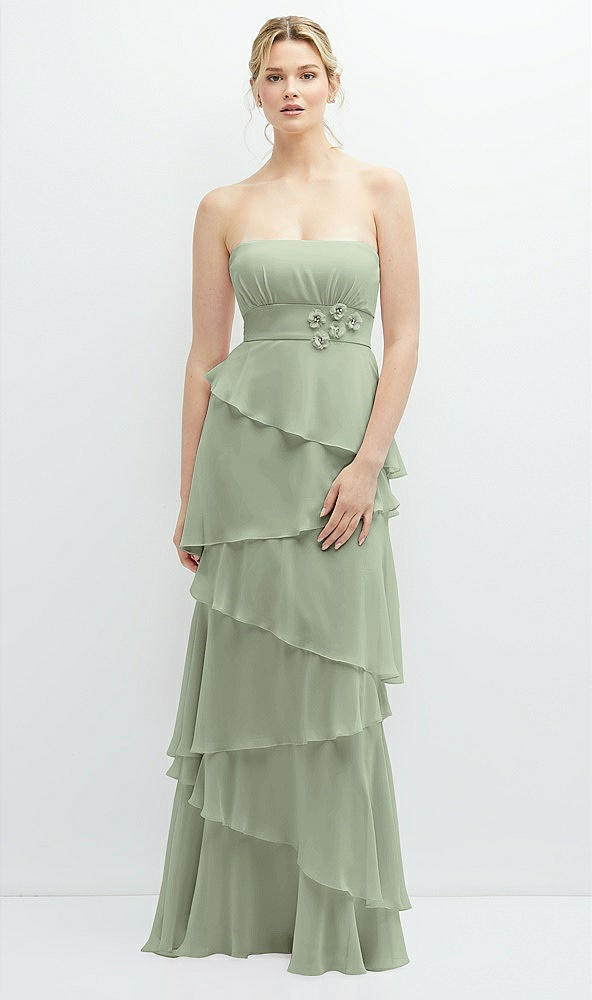 Front View - Sage Strapless Asymmetrical Tiered Ruffle Chiffon Maxi Dress with Handworked Flower Detail