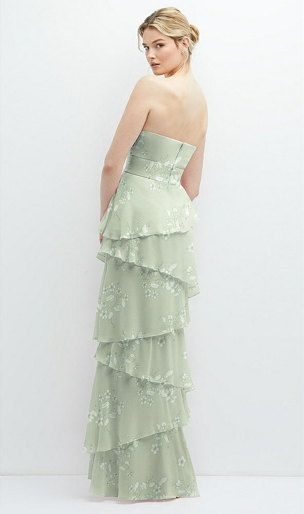 Back View - Vintage Primrose Sage Strapless Asymmetrical Tiered Ruffle Chiffon Maxi Dress with Handworked Flower Detail