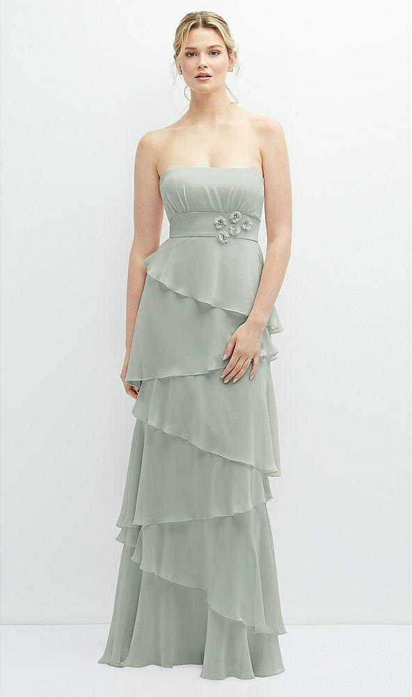 Front View - Willow Green Strapless Asymmetrical Tiered Ruffle Chiffon Maxi Dress with Handworked Flower Detail