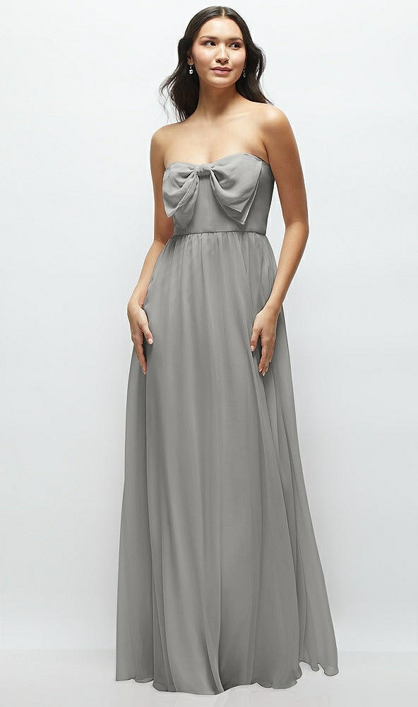 Front View - Chelsea Gray Strapless Chiffon Maxi Dress with Oversized Bow Bodice