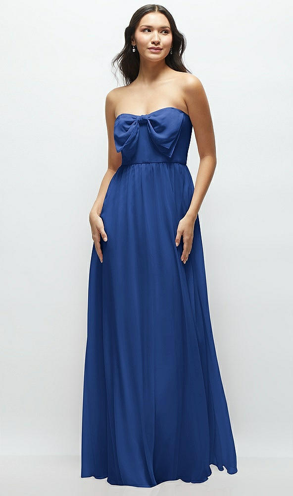 Front View - Classic Blue Strapless Chiffon Maxi Dress with Oversized Bow Bodice