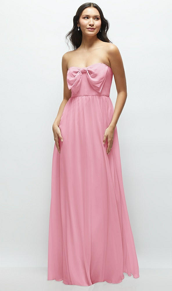 Front View - Peony Pink Strapless Chiffon Maxi Dress with Oversized Bow Bodice