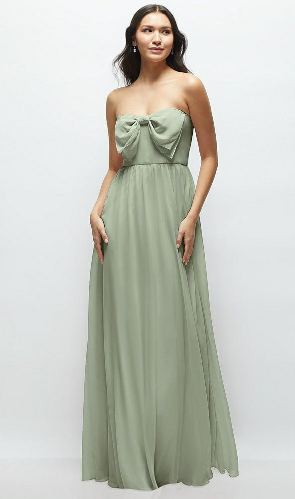 Front View - Sage Strapless Chiffon Maxi Dress with Oversized Bow Bodice