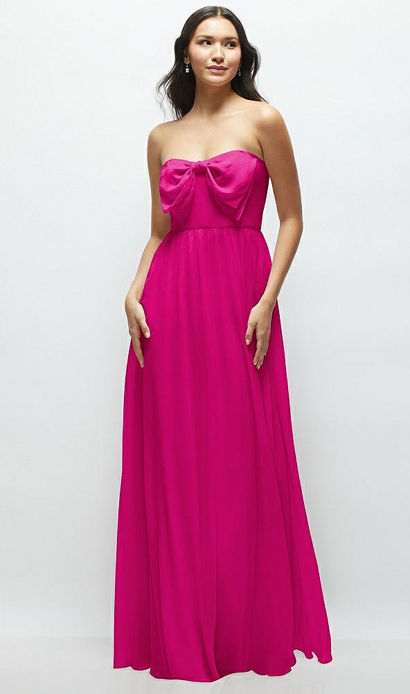 Front View - Think Pink Strapless Chiffon Maxi Dress with Oversized Bow Bodice