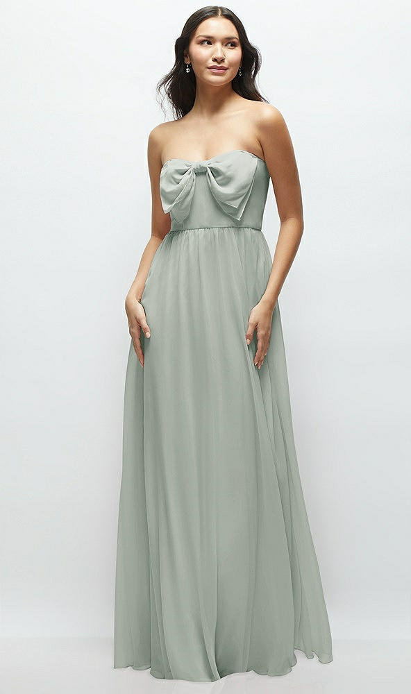 Front View - Willow Green Strapless Chiffon Maxi Dress with Oversized Bow Bodice