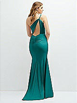 Rear View Thumbnail - Peacock Teal Asymmetrical Open-Back One-Shoulder Stretch Satin Mermaid Dress