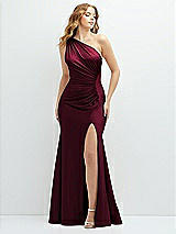 Front View Thumbnail - Cabernet Asymmetrical Open-Back One-Shoulder Stretch Satin Mermaid Dress