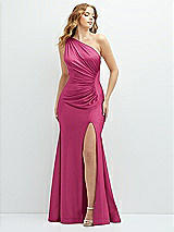 Front View Thumbnail - Tea Rose Asymmetrical Open-Back One-Shoulder Stretch Satin Mermaid Dress