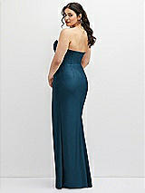 Rear View Thumbnail - Atlantic Blue Strapless Stretch Satin Corset Dress with Draped Column Skirt