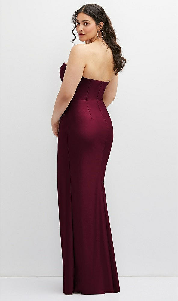 Back View - Cabernet Strapless Stretch Satin Corset Dress with Draped Column Skirt