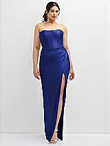 Front View Thumbnail - Cobalt Blue Strapless Stretch Satin Corset Dress with Draped Column Skirt