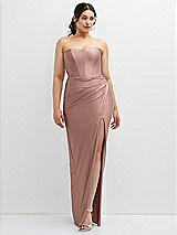 Front View Thumbnail - Neu Nude Strapless Stretch Satin Corset Dress with Draped Column Skirt