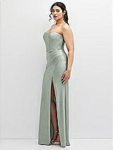 Side View Thumbnail - Willow Green Strapless Stretch Satin Corset Dress with Draped Column Skirt