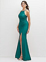 Side View Thumbnail - Peacock Teal Halter Asymmetrical Draped Stretch Satin Mermaid Dress with Rhinestone Straps