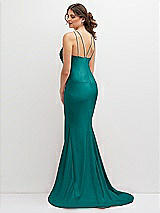 Rear View Thumbnail - Peacock Teal Halter Asymmetrical Draped Stretch Satin Mermaid Dress with Rhinestone Straps