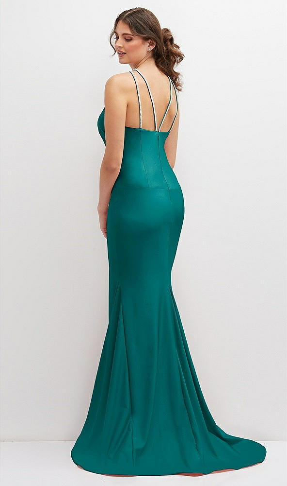 Back View - Peacock Teal Halter Asymmetrical Draped Stretch Satin Mermaid Dress with Rhinestone Straps