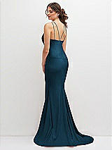 Rear View Thumbnail - Atlantic Blue Halter Asymmetrical Draped Stretch Satin Mermaid Dress with Rhinestone Straps