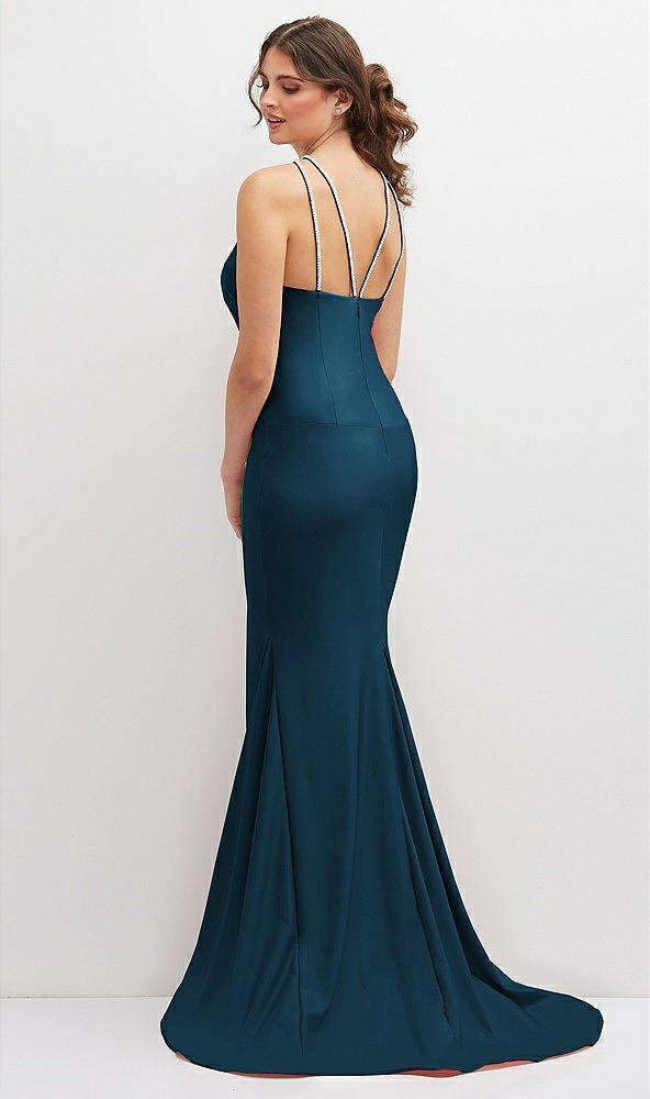 Back View - Atlantic Blue Halter Asymmetrical Draped Stretch Satin Mermaid Dress with Rhinestone Straps