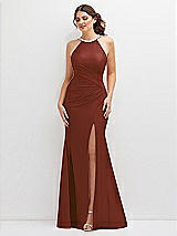 Front View Thumbnail - Auburn Moon Halter Asymmetrical Draped Stretch Satin Mermaid Dress with Rhinestone Straps